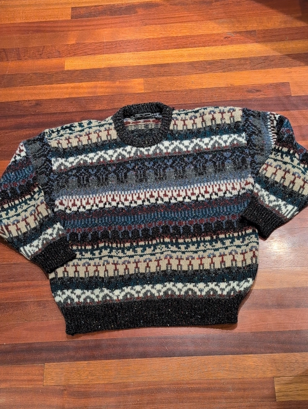 Peter England Fair Isle Crewneck Sweater in Cream, Navy, Gray, Brown Vintage